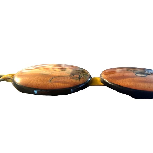 Vtg Hand Painted Wooden Wall Art 3pcs Connected Circles in Velvet Ribbon Mice - Picture 3 of 8